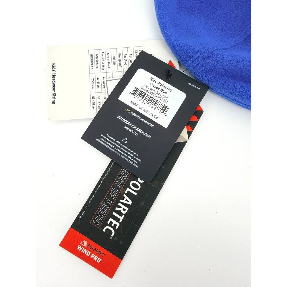 Outdoor Research Kids Alpine Hat Classic Blue Polartec Wind Pro Beanie XS/S